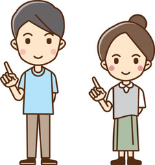 Illustration of a man and woman holding up their index fingers.