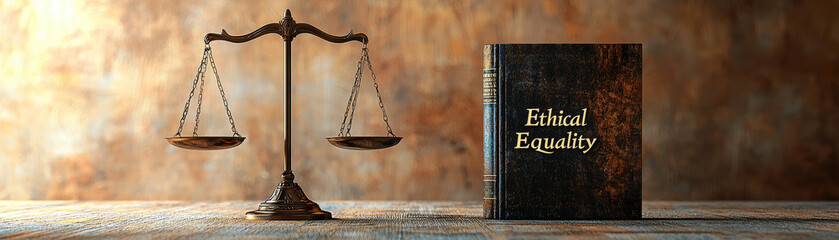 A balanced scale symbolizes justice next to book titled Ethical Equality, evoking sense of fairness and moral integrity.