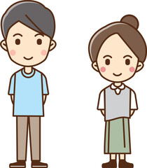 Illustration of a man and woman with their hands folded behind their backs.