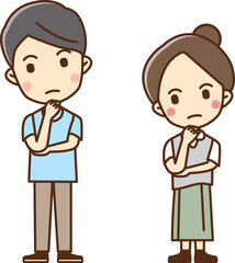 Illustration of a man and woman with their hands on their chins and their heads tilted back.