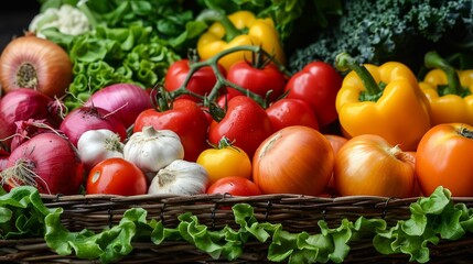 Fresh vegetables displayed in a wicker basket at a farmers market in the afternoon
