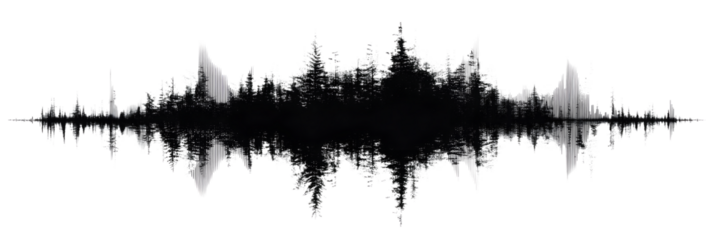 black logo on white ground of a Forrest, but the trees are made out of waveforms