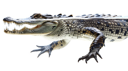 Naklejka premium A crocodile swimming underwater, showcasing its sharp teeth and massive body, contrasting with the clear water