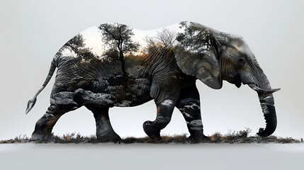 Fototapeta premium A double exposure of an elephant walking majestically, its massive form blending with the expansive African plains and a glowing sunset sky, all set against a stark white background.