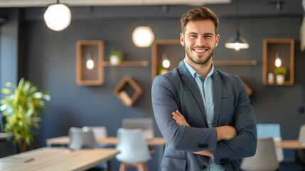 Fototapeta premium Smiling handsome businessman with crossed arms in modern office, young man exuding confidence, business success concept.