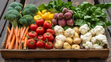 Fresh assorted vegetables arranged in a wooden crate on a rustic surface