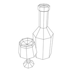 Wine bottle with wine glass. Wireframe low poly mesh vector illustration