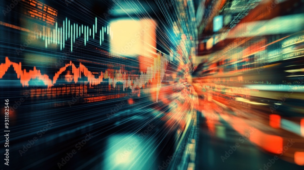 Poster Abstract digital data and financial graph in motion blur