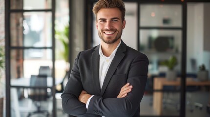 Fototapeta premium Smiling handsome businessman with crossed arms in modern office, young man exuding confidence, business success concept.
