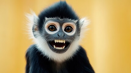 Fototapeta premium Cute Little White-Headed Langur Mascot with a Friendly Personality and Smiling Expression. Featuring Bright Big Eyes, Sharp Teeth, and Black Fur with a White Face,