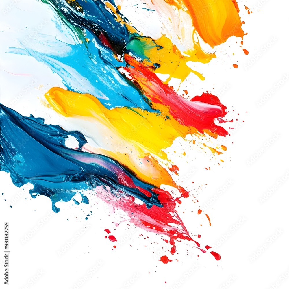 Poster bold and vibrant abstract paint splashes blending and overlapping on a clean white background creati