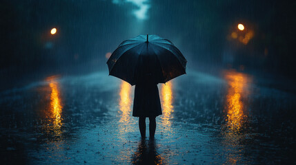 A person standing under heavy rain with their umbrella turned inside out, representing feeling overwhelmed and powerless.
