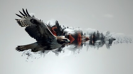 A hawk soaring through the air, its wings filled with the warm tones of the desert and the striking red rock formations, set against a clean white background in a double exposure style.