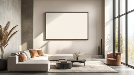 Modern living room interior with a white sectional sofa and large blank picture frame