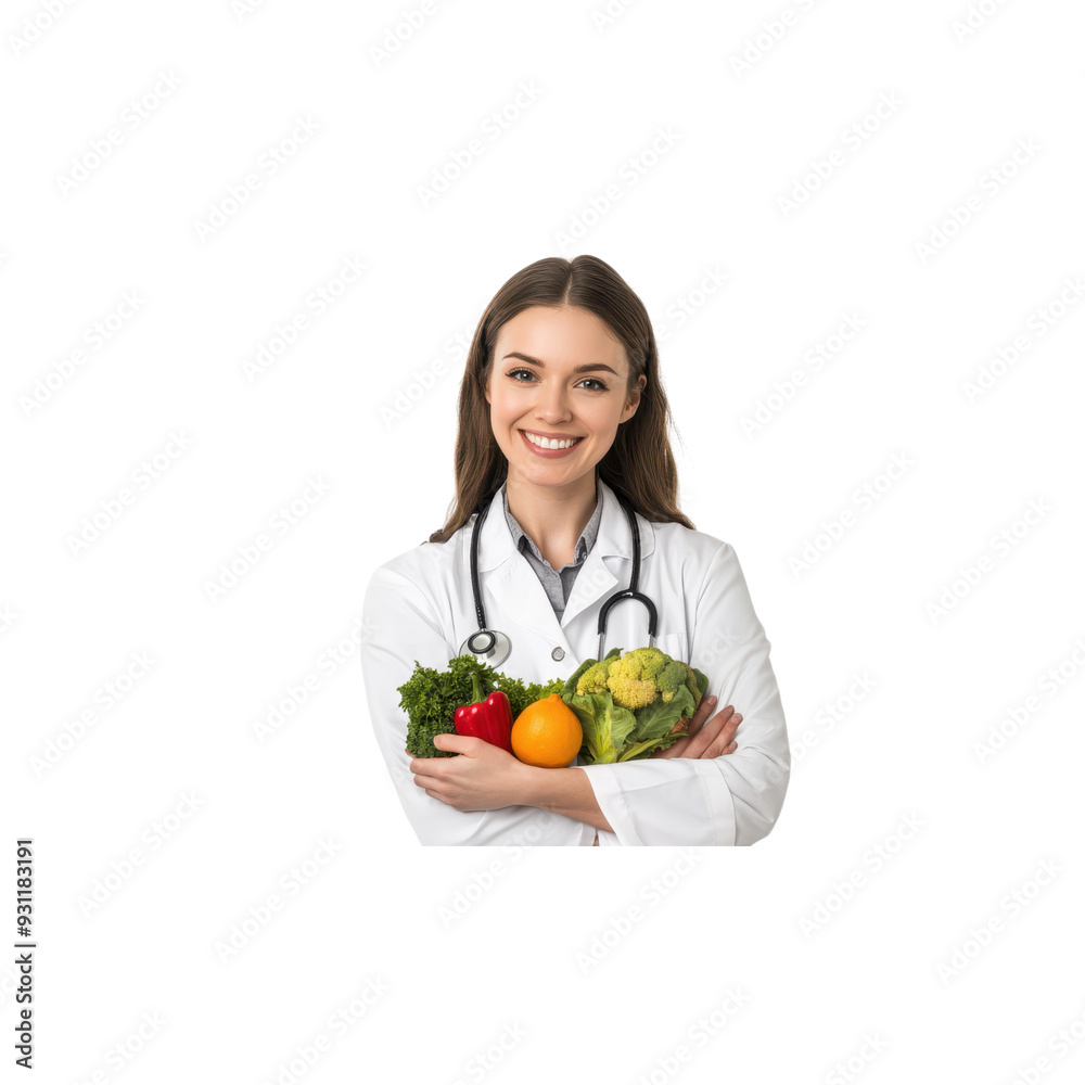 Wall mural smiling young woman holding basket of fresh vegetables, promoting healthy eating and farm-to-table c