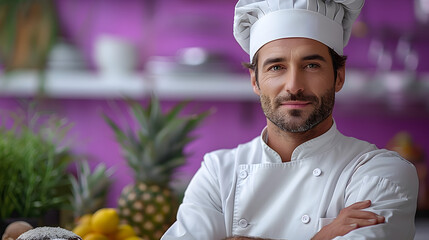 Chef in Uniform Confidently Posing in Front of Purple Background with Pineapple