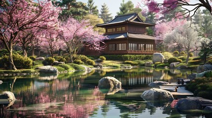 Fototapeta premium Serene Japanese Garden with Traditional House and Cherry Blossoms