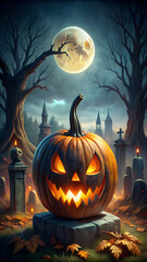 Fototapeta premium Spooky Jack-o'-Lantern with Full Moon in Haunted Cemetery