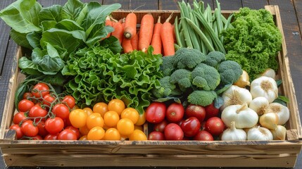 Freshly harvested vegetables in a rustic wooden crate at a local farm market