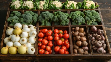 Freshly harvested vegetables arranged in wooden crates at a local market