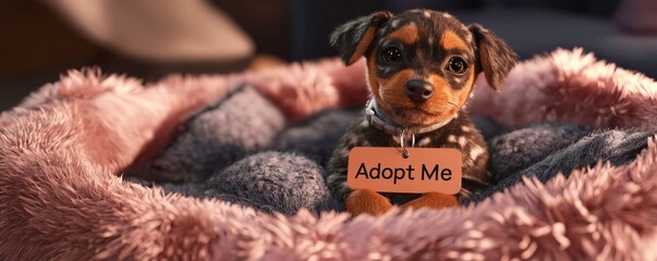 Cute puppy with an adoption sign, encouraging pet adoption. Perfect for animal rescue campaigns and heartwarming promotions.