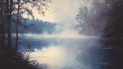 Misty Morning on a Tranquil Lake Surrounded by Trees