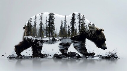 A majestic bear standing upright, its powerful body interwoven with a landscape of towering pine trees and a gently flowing river, highlighted against a clean white background.