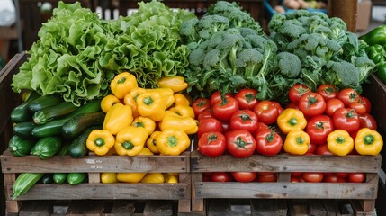 Fresh vegetables including red and yellow peppers, zucchini, and lettuce at a local market