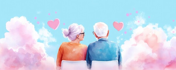 Elderly couple planning retirement, digital financial tools, national pension fund, watercolor style