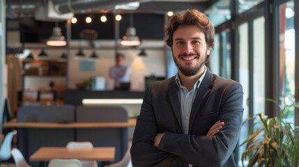 Fototapeta premium Smiling handsome businessman with crossed arms in modern office, young man exuding confidence, business success concept.