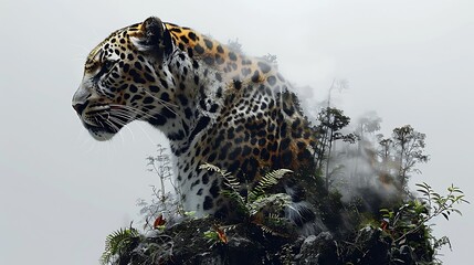 A majestic leopard lounging in the dense jungle, its spots interwoven with the shadowy vegetation in a double exposure effect, set against a pure white background.