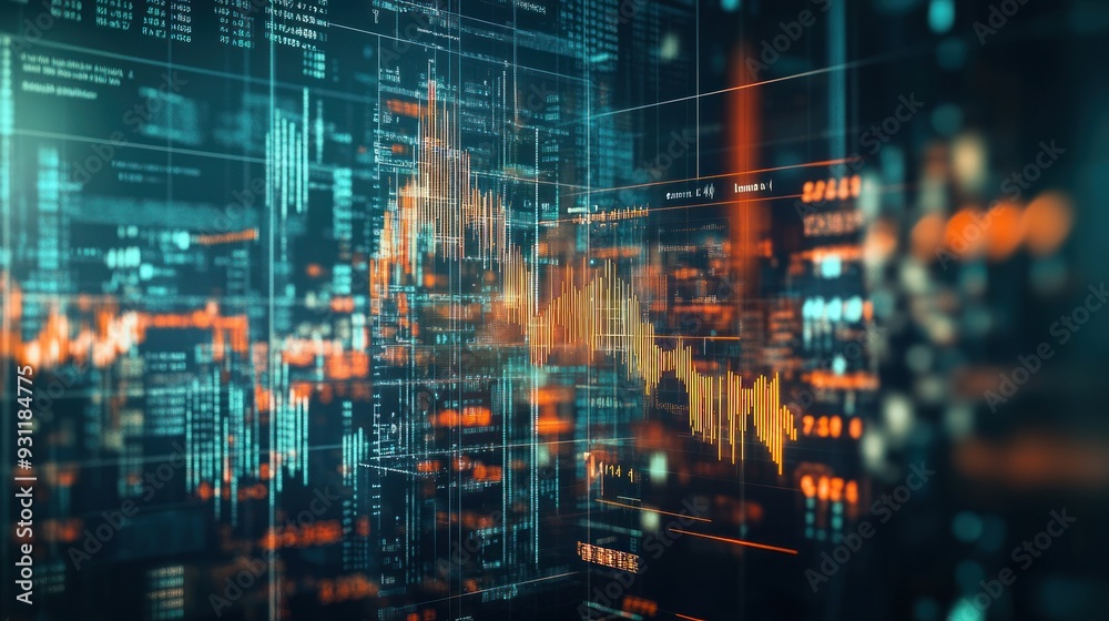 Poster abstract digital data and financial charts on a screen