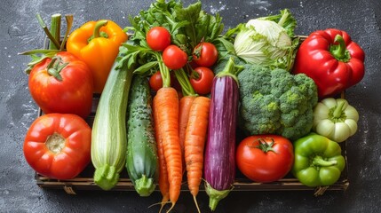 Fresh assortment of colorful vegetables arranged on a wooden tray with a dark background