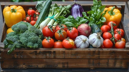 Freshly harvested vegetables in a wooden crate at a local market
