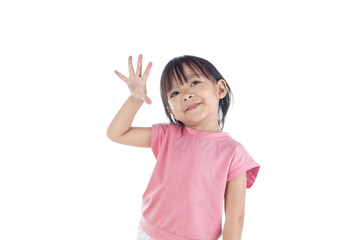 Happy little Asian girl show five fingers number and smiling standing isolated on white background with clipping path.