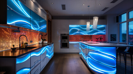 Obraz premium Modern kitchen interior, created with the help of generative AI technology.