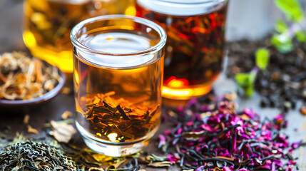 Fototapeta premium Glasses of tea with different types of tea leaves around them.