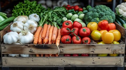 Fresh vegetables displayed in a wooden crate at a market with varying colors and types including garlic, carrots, and tomatoes in daylight
