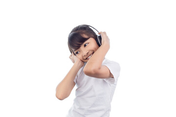 Cute Asian small child wearing headphones. Little girl listening to music. Isolated on white background with clipping path.