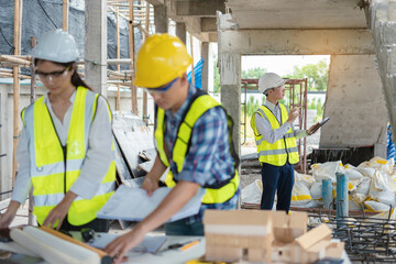 Group architect team on construction site inspection documents and business workflow in the morning.