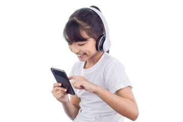Beautiful asian little girl play mobile game and put on wireless headphone isolated on white background with clipping path. Very enjoy and fun relax time