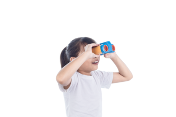 Smiling Asian teenager kid use binoculars search for opportunities isolated on white background with clipping path.