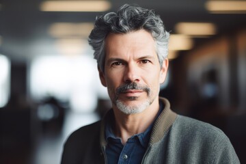 Fototapeta premium A mature, confident man with salt-and-pepper hair stands in a well-lit office, wearing a casual yet stylish outfit suitable for business, lifestyle, or professional articles,