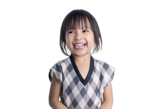 Funny little asian girl sticking her tongue out isolated on white background with clipping path.