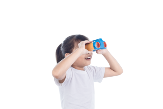 Smiling Asian teenager kid use binoculars search for opportunities isolated on white background with clipping path.