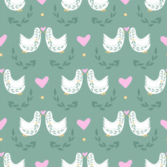  Folk ornamental bird and hearts seamless pattern. Suitable for printing on fabric and paper. Vector background.