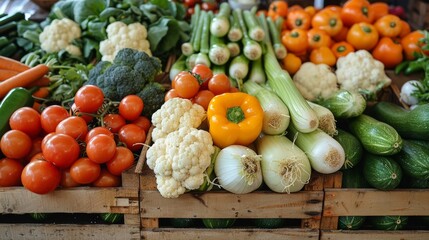Fresh vegetables displayed in wooden crates at a local market on a sunny day