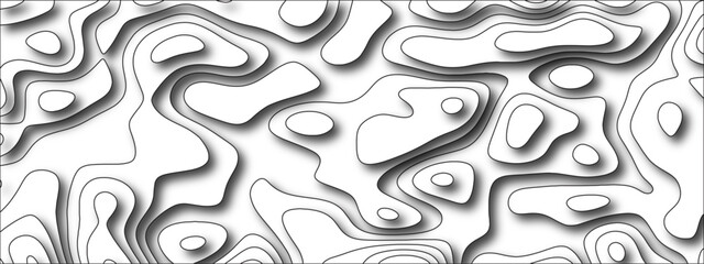 Black and white abstract papercut and multi-layer cutout geometric pattern. Vector Topographic canyon geometric map relief texture. Topographic contour lines map seamless pattern