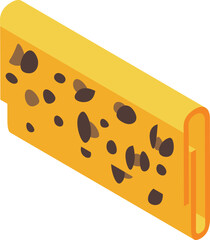 Chocolate chip cookie bar with chocolate chips spread throughout, shown in isometric view