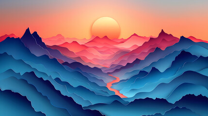 Colorful Sunset Over Layered Paper Mountain Range Landscape